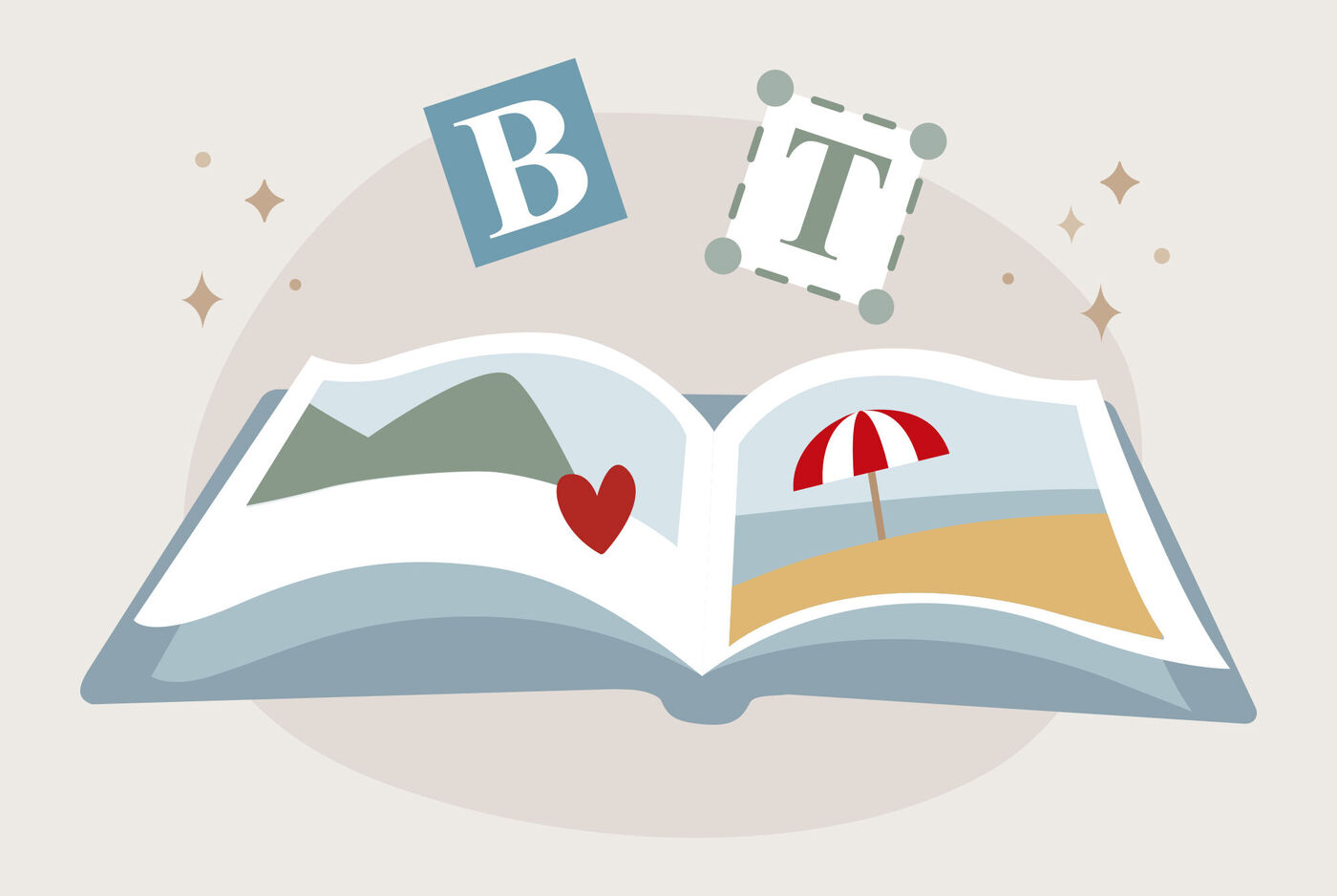 Ilustrație în stil clipart, reprezentând o fotocarte deschisă cu fotografii din vacanță. Deasupra cărții apar literele „b” și „t”.