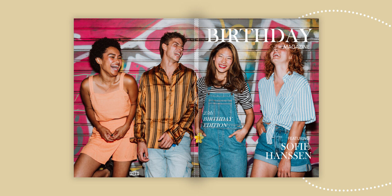 O fotocarte inspirată de o revistă de modă, cu titlul „BIRTHDAY”. Pe copertă apar patru prieteni râzând, în fața unui fundal colorat care continuă și pe coperta din spate.